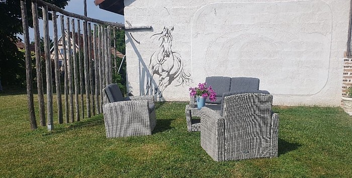 Esquisse cheval personnalisée aux deux mortiers sur jeux d'ombres et lumières et une petite touche de boiserie/rideau ombrelle